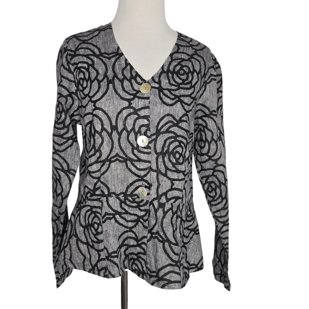 Flax Womens Artsy Linen Jacket Rose Floral Lagenlook Dinner Neutrals Small